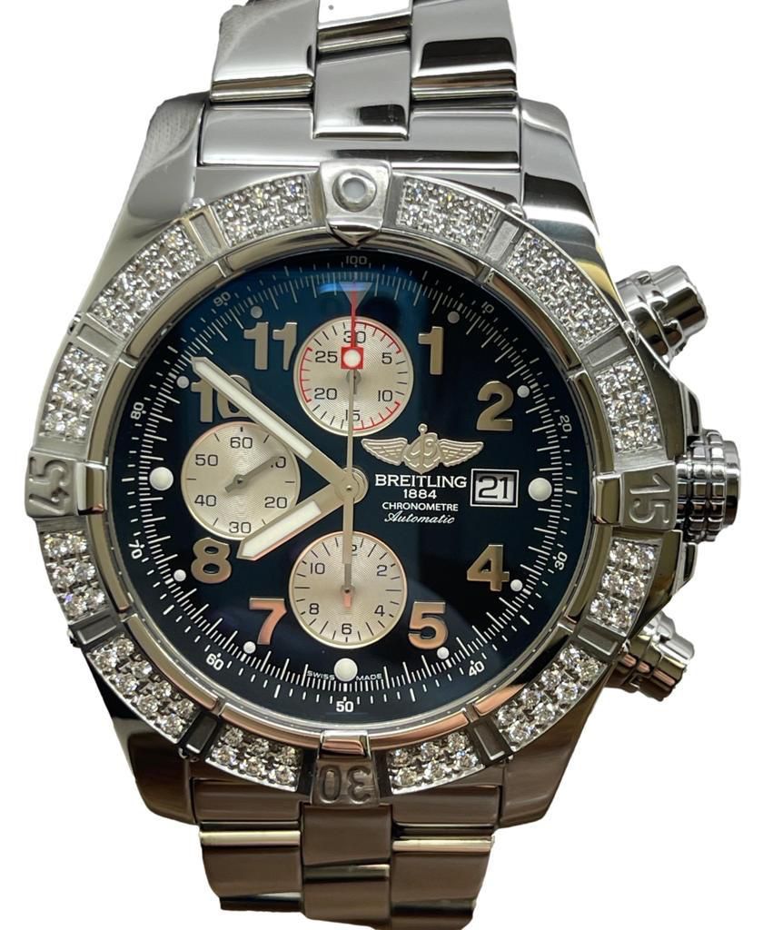 Breitling Super Avenger Custom Diamond Bezel A13370 Black Panda