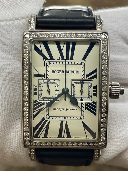 Roger Dubuis Monopusher 18K White Gold Diamonds Rare 28 L.E Much More Silver Dial Manual Wind Watch