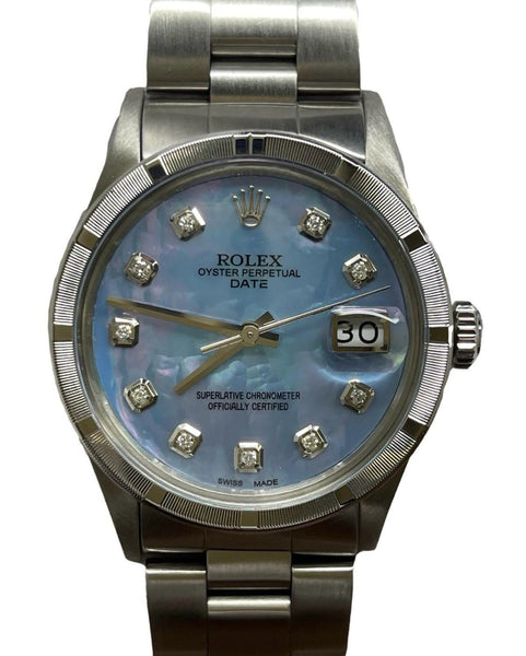 Rolex Oyster Perpetual Date 34mm 15010 Custom Blue MOP Diamond Dial Automatic Watch