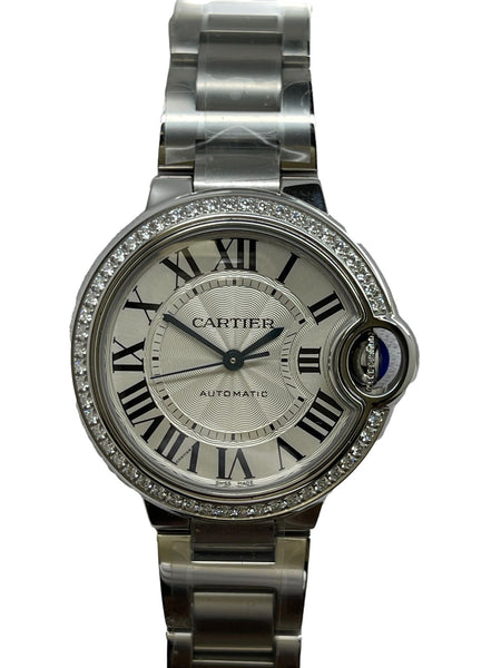 Cartier Ballon Bleu 33mm Diamond Bezel W4BB0023 Silver Dial Automatic Women's Watch