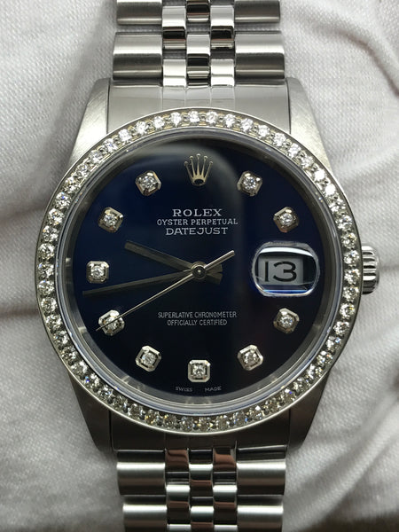 Rolex Datejust Turn-o-graph 16264 Blue Custom Diamond Dial Automatic Men's Watch