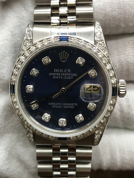 Rolex Datejust 36mm 16014 Blue custom diamonds Dial Automatic Watch