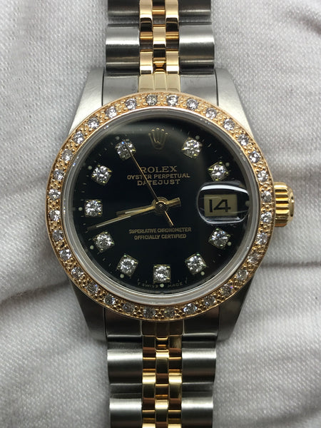 Rolex Datejust 26mm 69173 Custom Diamond Black Dial Automatic Women's Watch