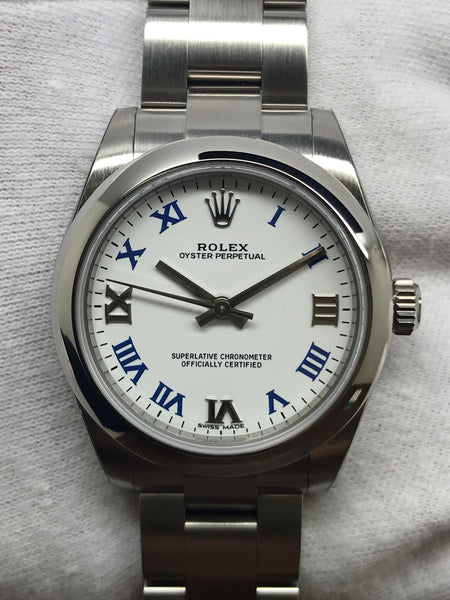 Rolex Oyster Perpetual 31mm Midsize 177200 White with Blue & Silver Roman  Dial Automatic Women's Watch