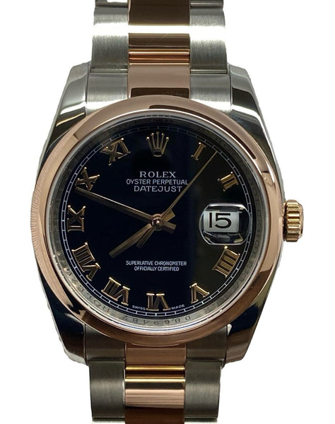 Rolex Datejust 36mm Steel & Rose Gold 116201 Black Roman Dial Automatic Watch