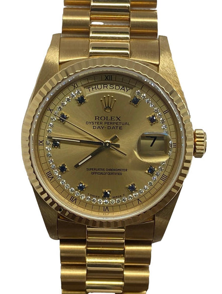 Rolex President Day Date 36mm Unpolished 18238 Champagne String Diamond & Sapphire Dial Automatic Men's Watch
